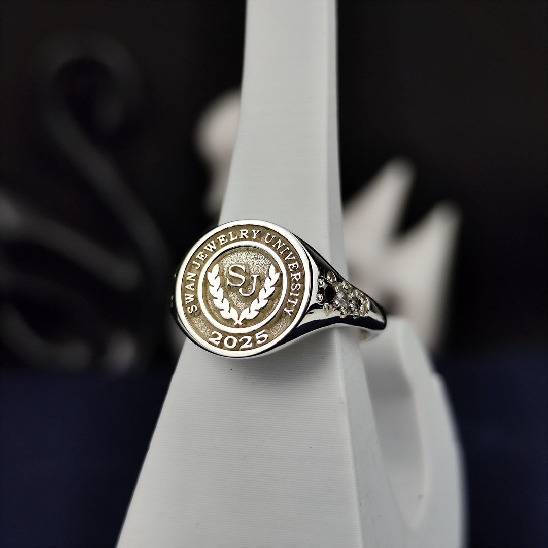 Women’s three-stone class ring, blending modern elegance with personal significance. Ideal as a keepsake or a daily accessory.