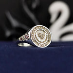 Load image into Gallery viewer, Women’s university ring with three sparkling stones, designed as an elegant school ring and meaningful keepsake. Perfect for celebrating academic achievements and personal milestones.