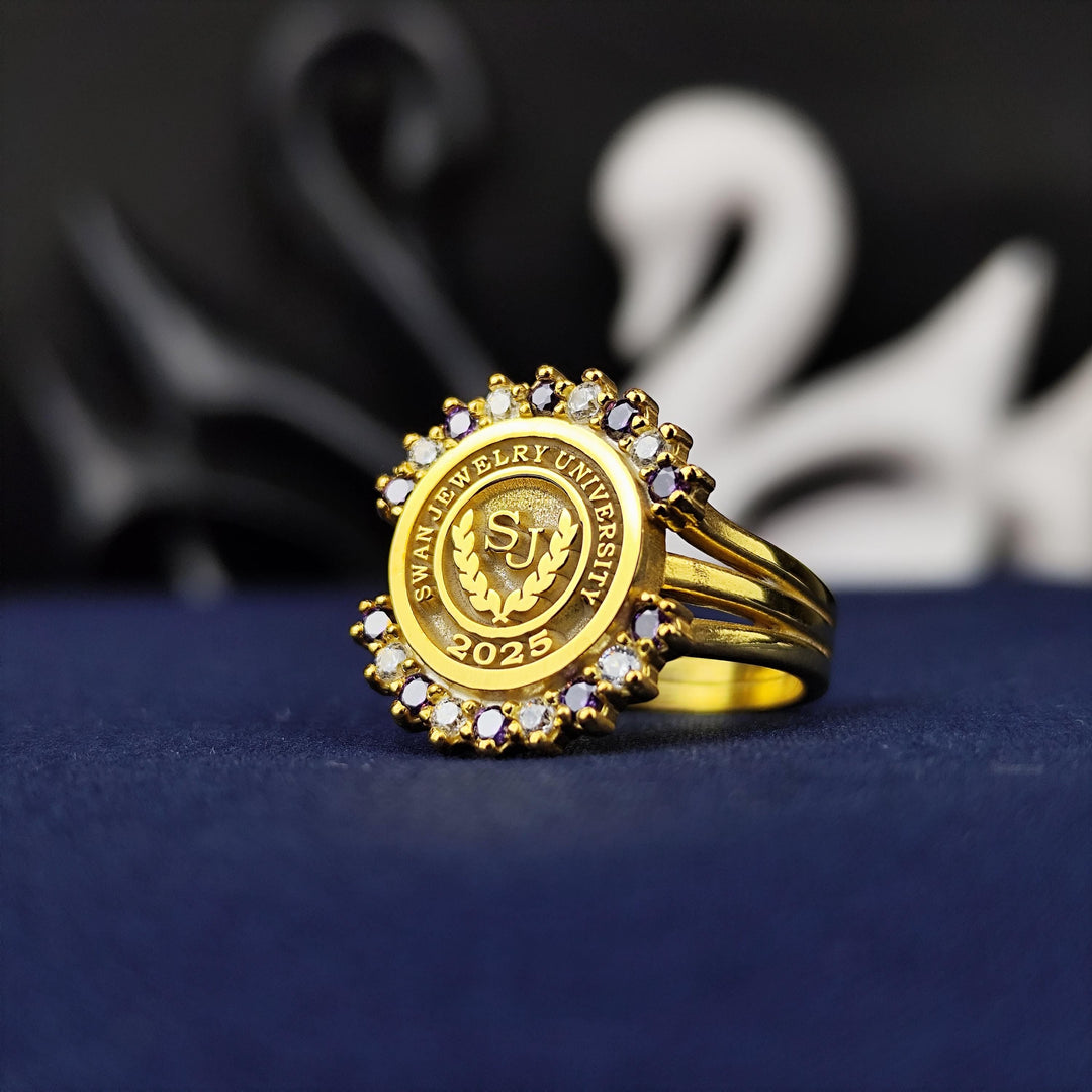 Unique women’s school ring, created as a custom accessory to honor academic success. A perfect gift for graduates or alumni.