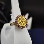 Load image into Gallery viewer, Elegant gold-plated women’s university ring with a polished round design and a striking red stone. Ideal for graduates or alumni looking for timeless and stylish jewelry.