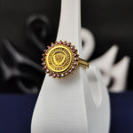 Load image into Gallery viewer, Gold-plated university ring for women, featuring a round design with a vibrant red stone. Perfect for marking academic pride and success.