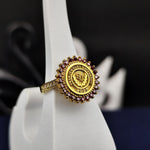 Load image into Gallery viewer, Stylish women’s gold university ring with a red stone centerpiece, designed to blend modern elegance with timeless charm. A meaningful graduation gift.