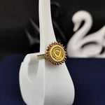 Load image into Gallery viewer, Unique gold-plated women’s college ring with a red stone, offering a round and refined design. Perfect for commemorating educational milestones.