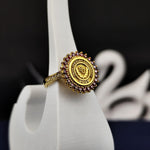 Load image into Gallery viewer, Elegant round university ring with a red stone, crafted in gold plating for women who value meaningful and stylish jewelry. A thoughtful graduation accessory.