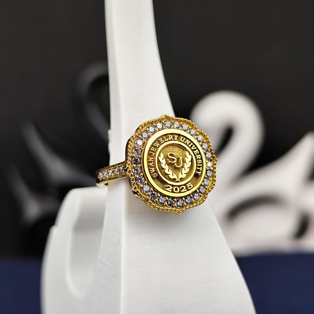 Unique white stone university ring for women, blending modern design with timeless elegance. A perfect accessory for graduates or special occasions.