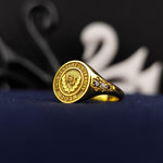 Load image into Gallery viewer, Stylish gold-plated women’s college ring with a minimalist design, crafted to honor achievements in education with elegance and charm.