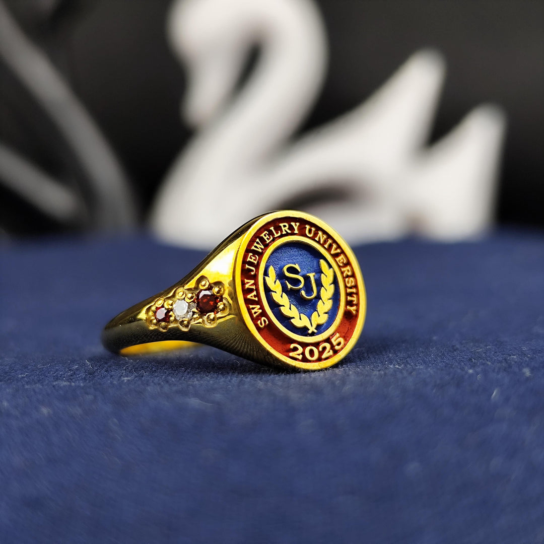 Delicate and timeless women's university ring, featuring a sleek gold plated design with a single shimmering stone. A classic and refined piece for everyday wear.