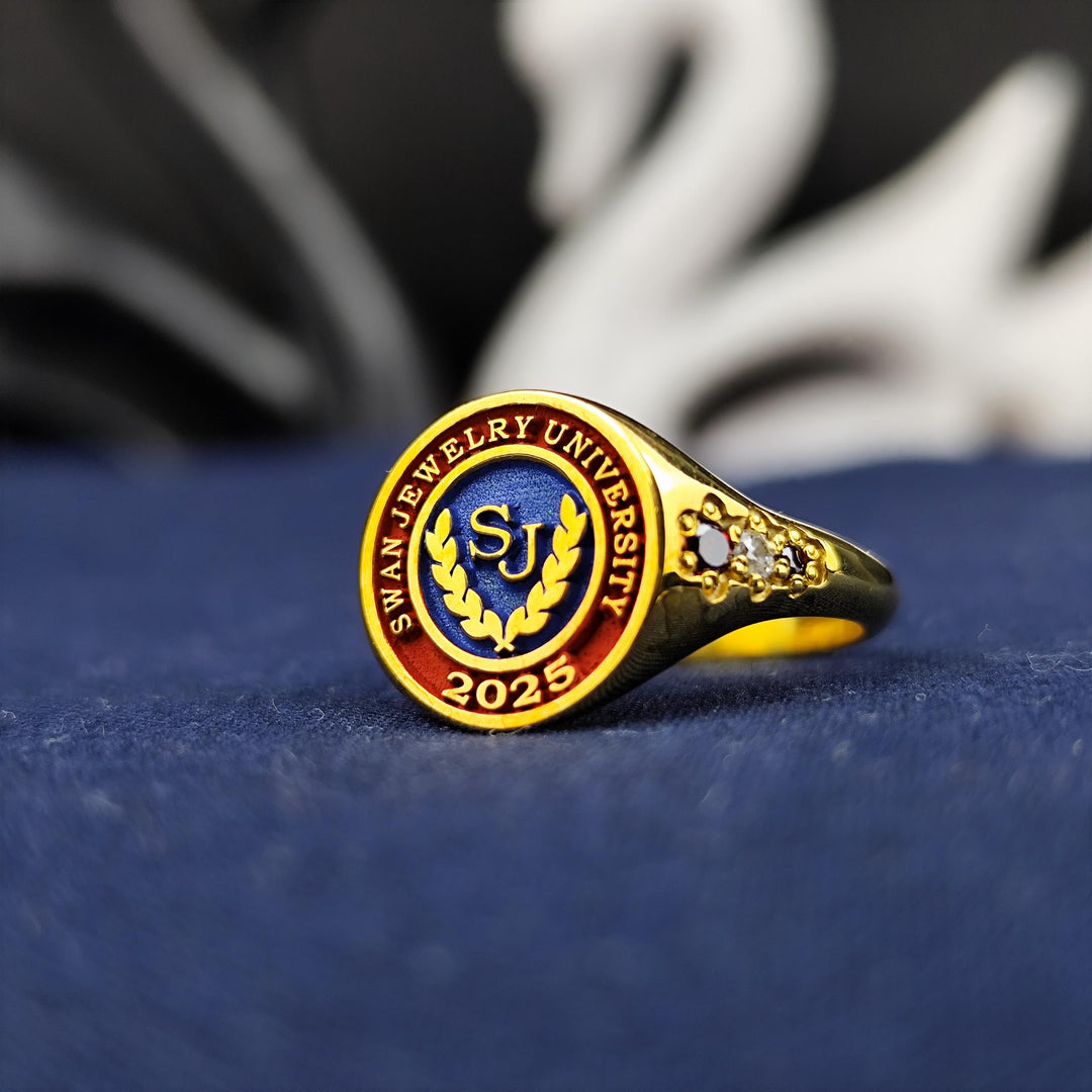 Modern minimalist university ring for women, crafted in gold plating with a subtle stone-set detail. A perfect gift for college students or alumni.