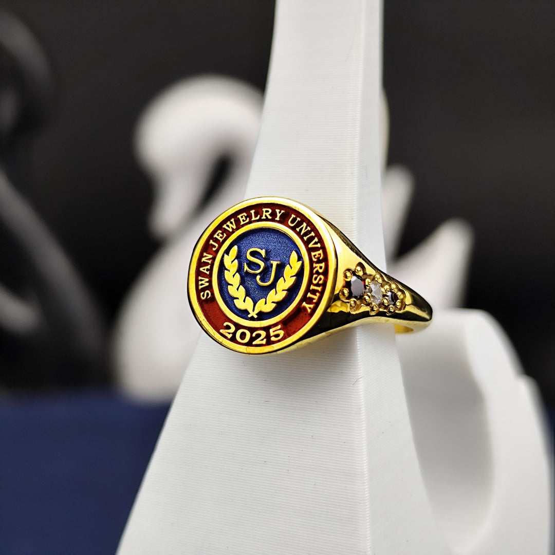 Stylish women's university ring with a minimalist gold plated finish, blending sophistication with a modern stone-set design. Ideal for students and graduates.
