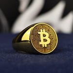 Load image into Gallery viewer, Gold Bitcoin ring designed for cryptocurrency enthusiasts, featuring a sleek blockchain-inspired design. A stylish and meaningful accessory for investors and digital currency fans.