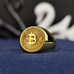 Load image into Gallery viewer, Bold and stylish BTC signet ring with a luxurious gold-plated finish, perfect for investors and crypto lovers looking to celebrate their passion for blockchain technology.