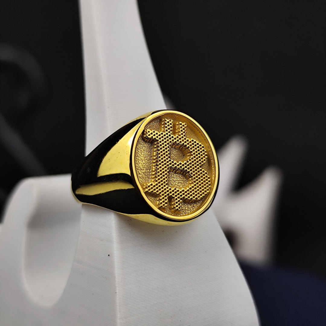 Personalized Bitcoin ring with a bold design, symbolizing digital financial freedom. A perfect keepsake for blockchain enthusiasts and crypto investors.
