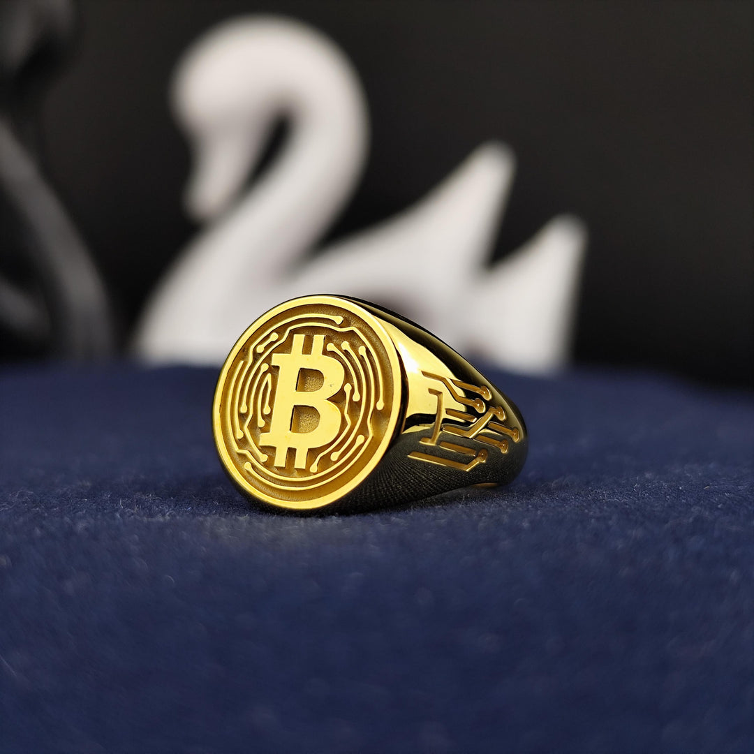 Gold-plated Bitcoin ring with a minimalist yet bold design, symbolizing the power of decentralized finance. A stylish gift for blockchain supporters.