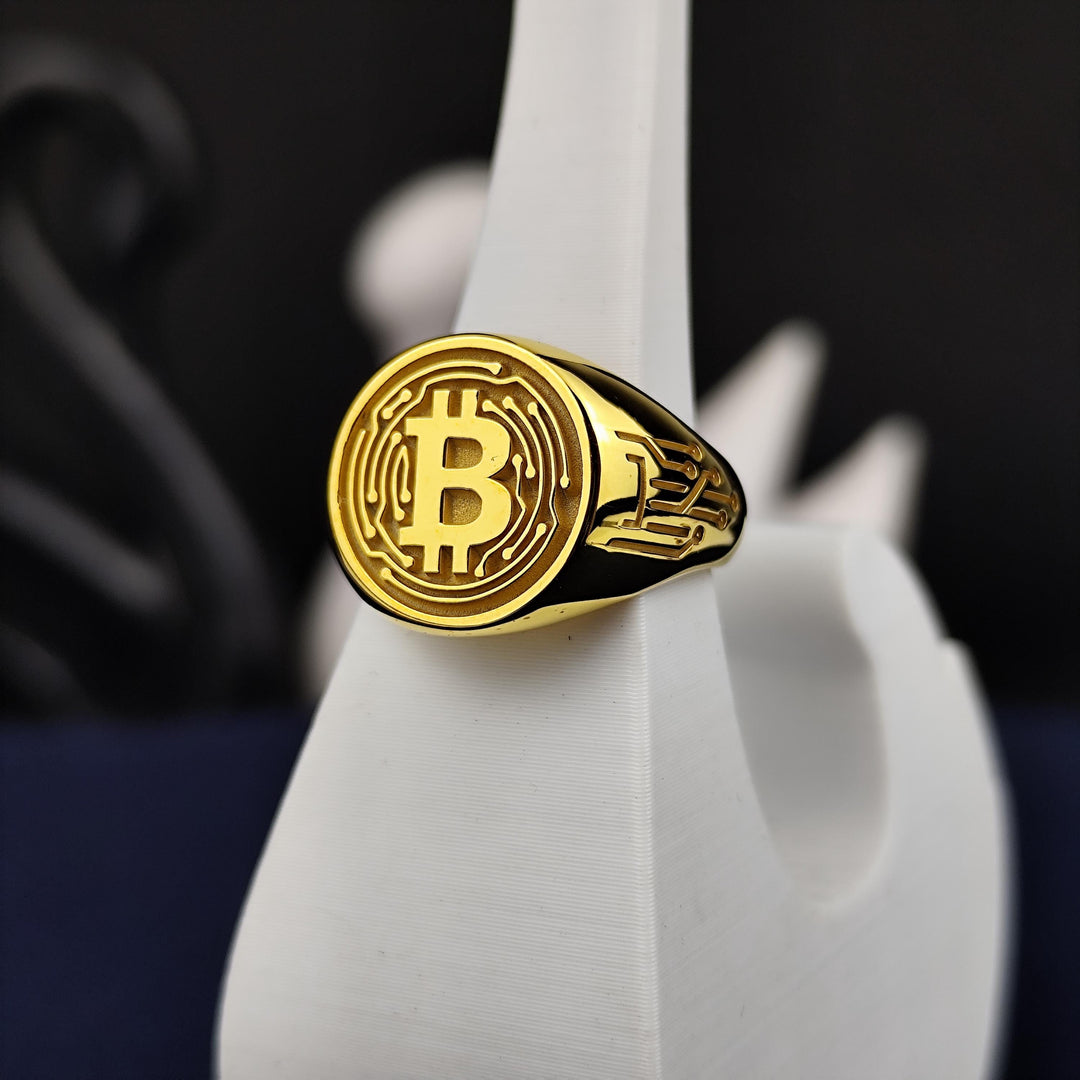 Gold-plated Bitcoin fashion ring, designed to showcase blockchain pride and financial success. A trendy and meaningful crypto accessory.