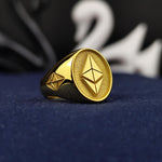 Load image into Gallery viewer, Elegant Ethereum signet ring crafted in gold, featuring the iconic ETH symbol. Perfect for investors, traders, and blockchain supporters looking for a unique jewelry piece.