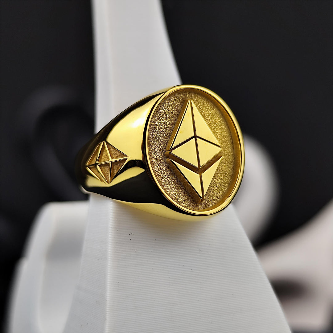 Minimalist gold ETH ring with a sleek and polished design, ideal for expressing your love for cryptocurrency in an elegant and understated way.
