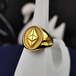 Load image into Gallery viewer, Custom-designed Ethereum ring with a timeless gold finish, symbolizing the strength and growth of the crypto market. A stylish gift for blockchain enthusiasts.