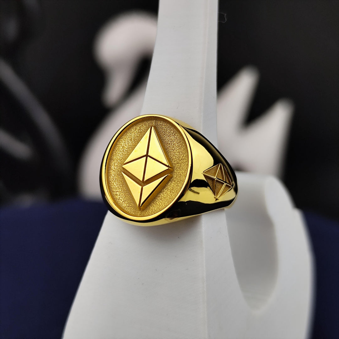 Custom-designed Ethereum ring with a timeless gold finish, symbolizing the strength and growth of the crypto market. A stylish gift for blockchain enthusiasts.