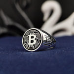 Load image into Gallery viewer, Unique silver Bitcoin ring featuring a modern design that represents financial freedom and the decentralized revolution. A must-have for crypto lovers.