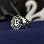 Load image into Gallery viewer, Stylish Bitcoin band ring in silver, perfect for showcasing your love for digital currency. A trendy and meaningful accessory for blockchain enthusiasts.