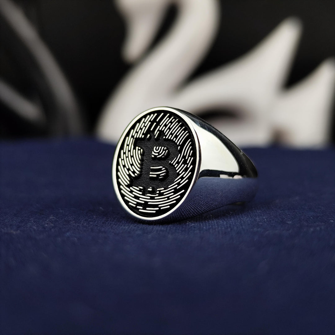 Custom silver Bitcoin ring with gold accents, designed for those who embrace digital finance. A timeless and meaningful piece for daily wear.