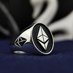Load image into Gallery viewer, Silver Ethereum ring designed for blockchain enthusiasts and investors. Crafted with a minimalist yet bold design, this crypto-inspired jewelry piece symbolizes innovation and digital wealth, making it a perfect gift or personal statement accessory.