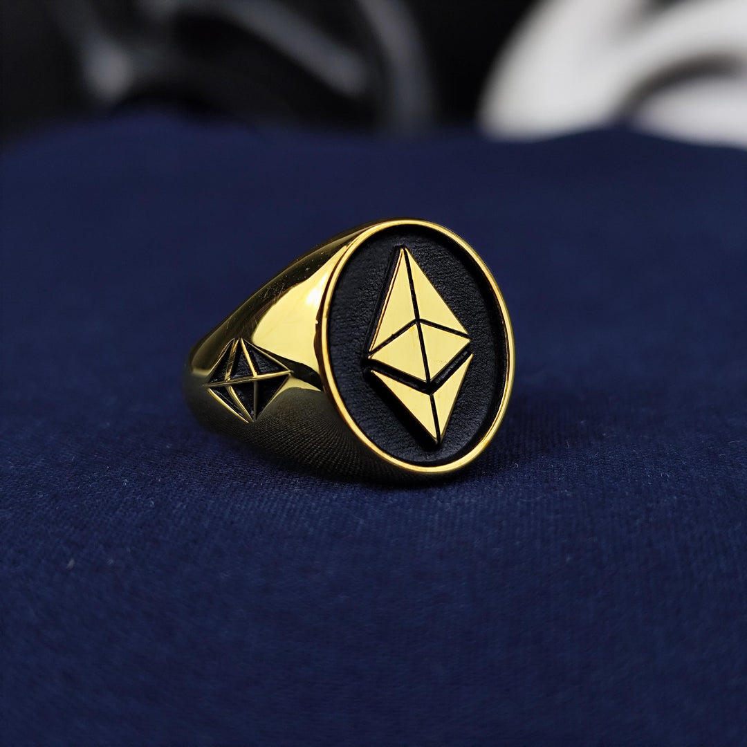 Modern Ethereum signet ring, crafted in gold for an elegant and sophisticated look. This sleek jewelry piece is a must-have for crypto investors and enthusiasts, celebrating the power of blockchain technology. A perfect balance of style and symbolism, this gold ETH ring makes a meaningful gift for those embracing digital assets, investment strategies, and the ever-evolving world of cryptocurrency.