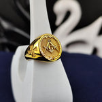 Load image into Gallery viewer, Personalized gold Freemason ring, blending modern elegance with traditional symbolism. A stylish way to honor Masonic principles.