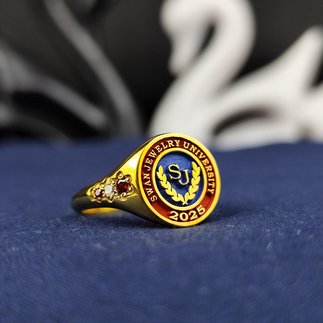 Gold plated stone-set university ring with a minimalist yet elegant look. A stylish jewelry piece perfect for celebrating academic achievements.