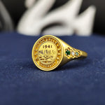 Load image into Gallery viewer, Minimalist university ring in vermeil gold, featuring a sleek and sophisticated stone-set detail. A perfect graduation gift or college keepsake for women.