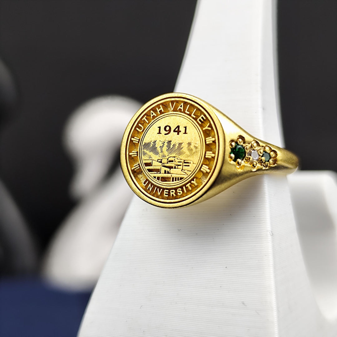 Personalized gold vermeil college ring with a minimalist aesthetic, symbolizing academic achievement in an elegant way.