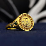 Load image into Gallery viewer, Elegant vermeil university ring featuring a minimalist stone-set design, crafted for women who appreciate refined academic jewelry. A timeless piece perfect for college students and graduates.