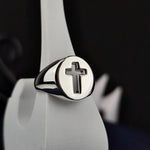 Load image into Gallery viewer, A timeless unisex Christian cross ring, crafted in silver with a handmade crucifix signet band that embodies faith and devotion. Designed for both men and women, this elegant religious ring is a great Christian gift for special occasions like Easter and Christmas. Whether worn daily or as a spiritual keepsake, it serves as a meaningful reminder of one's belief and a stylish representation of religious commitment.