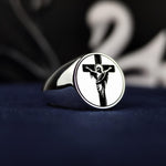 Load image into Gallery viewer, This handmade unisex cross and Jesus ring is a stunning symbol of faith and devotion. Crafted from high-quality silver, this crucifix signet band represents Christian belief with a timeless design. Suitable for daily wear or special occasions like Easter and Christmas, this religious jewelry piece makes a perfect Christian gift, blending spirituality with elegance in a meaningful and stylish way.