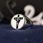 Load image into Gallery viewer, This unisex cross and Jesus ring is a unique religious jewelry piece, crafted in silver with a handmade crucifix signet band. Designed for those who cherish their Christian faith, this elegant ring is perfect for daily wear or special occasions like Christmas and Easter. A thoughtful Christian gift for believers, it blends timeless beauty with deep spiritual meaning, making it a powerful symbol of devotion.
