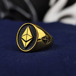 Load image into Gallery viewer, Sophisticated gold Ethereum ring with a sleek blockchain-inspired design, symbolizing the power of decentralized finance. Crafted for crypto enthusiasts, traders, and investors, this stylish signet ring represents the strength of Ethereum and the evolution of digital assets. A meaningful accessory blending elegance and technology, making it an ideal jewelry piece for blockchain believers.