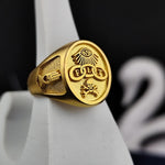 Load image into Gallery viewer, Vermeil FLT ring with a beautifully detailed Triple Link design, a significant emblem for Odd Fellows and Freemasons. Crafted with sterling silver and coated in thick 18K gold, this signet ring embodies both tradition and luxury. A distinctive Masonic jewelry piece, perfect for personal wear or as a cherished gift. Ideal for those who appreciate meaningful symbols, historical designs, and high-quality craftsmanship in their Freemason accessories.