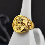 Load image into Gallery viewer, Handcrafted vermeil FLT Odd Fellows ring with a stunning Triple Link symbol. Made from sterling silver with a rich layer of 18K gold, this Masonic signet ring is a powerful representation of unity, friendship, and truth. A perfect choice for Freemasons, collectors, and those who appreciate symbolic jewelry. Its intricate detailing and premium quality make it a meaningful and elegant addition to any Masonic or fraternal order collection.