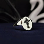 Load image into Gallery viewer, Designed for both men and women, this unisex Christian cross ring is a bold statement of faith and devotion. Crafted in silver with a handmade crucifix signet band, it combines spiritual significance with elegant craftsmanship. Perfect for those who seek religious jewelry that reflects their beliefs, this ring makes an excellent Christian gift for Easter, Christmas, or everyday wear, showcasing timeless beauty.