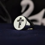 Load image into Gallery viewer, A striking unisex Christian cross ring, expertly crafted in high-quality silver with a unique crucifix signet band. This handmade religious ring blends Gothic style with faith, creating a timeless piece for men and women. Whether for daily wear or as a Christian gift, it symbolizes devotion and strength, making it a meaningful choice for Christmas, Easter, or a personal keepsake that reflects deep spirituality.