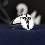 Load image into Gallery viewer, Express your devotion with this unisex handmade Jesus and cross ring, featuring a high-quality silver crucifix signet band. A perfect religious jewelry piece, it combines faith and fashion in a timeless design. Whether worn as a daily Christian symbol or given as a meaningful gift for Easter or Christmas, this ring represents spiritual strength and belief, making it a cherished addition to any jewelry collection.