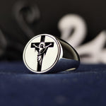 Load image into Gallery viewer, Designed for men and women, this unisex silver cross and Jesus ring features a handmade crucifix signet band, symbolizing faith and devotion. A stylish and meaningful religious jewelry piece, it is perfect for Easter, Christmas, or everyday wear. Whether as a Christian gift or a personal keepsake, this ring carries deep spiritual significance, offering an elegant expression of belief and commitment.