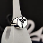 Load image into Gallery viewer, Handmade with care, this unisex Jesus and cross ring is a stunning silver crucifix signet band, designed for believers who want to express their faith. A timeless piece of religious jewelry, it is perfect for daily wear or as a special Christian gift. Whether for Easter, Christmas, or a spiritual milestone, this meaningful accessory serves as a symbol of devotion and an elegant reminder of Christian beliefs.