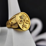 Load image into Gallery viewer, Gold vermeil FLT Masonic ring designed with the historic Triple Link symbol of Odd Fellows brotherhood. This exquisite signet ring is handcrafted from sterling silver with 18K gold plating, offering a luxurious yet meaningful piece for Freemasons and collectors. A unique and elegant statement ring that embodies tradition, craftsmanship, and deep Masonic symbolism. Perfect for lodge meetings, formal occasions, or as a thoughtful Masonic gift.