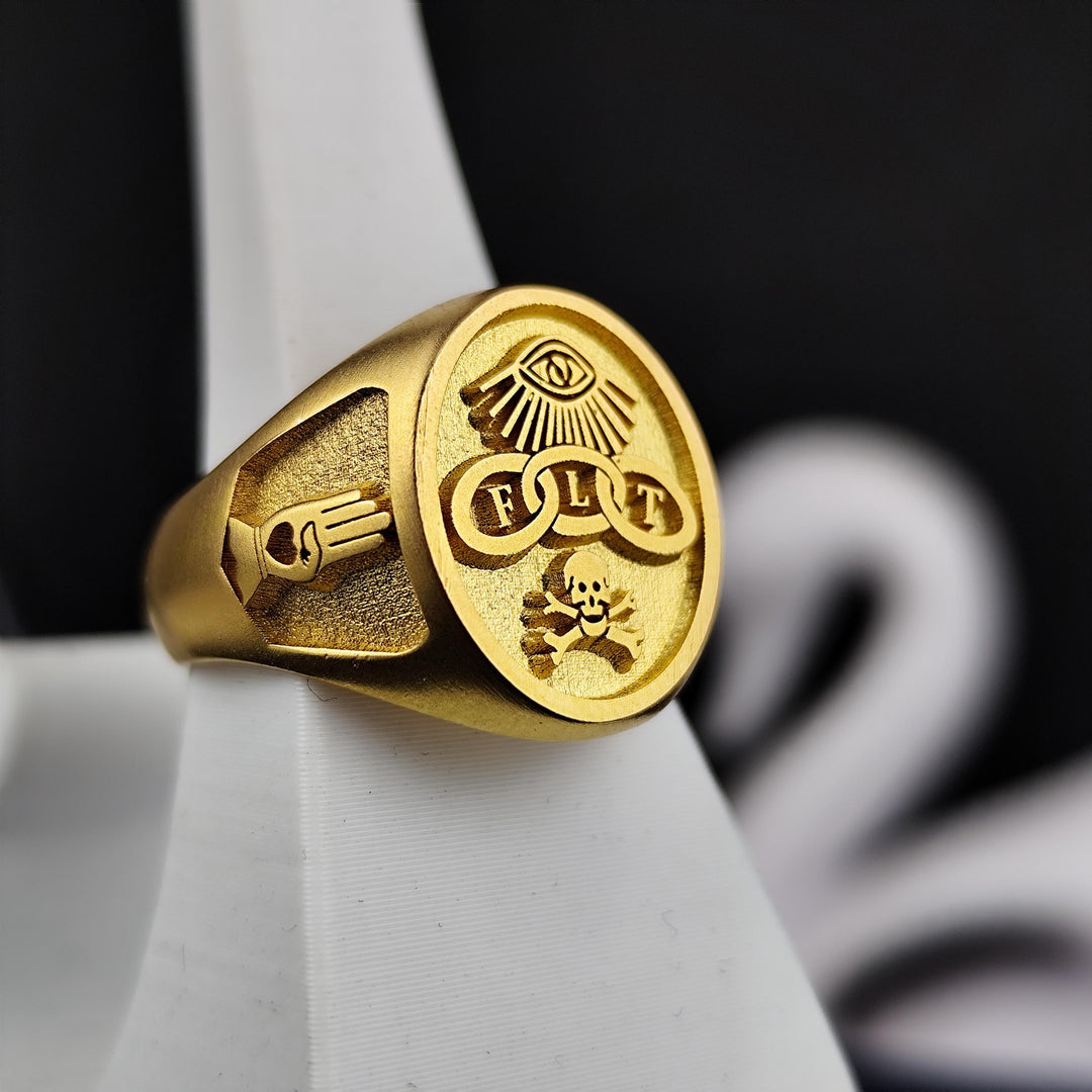 Gold vermeil FLT Masonic ring designed with the historic Triple Link symbol of Odd Fellows brotherhood. This exquisite signet ring is handcrafted from sterling silver with 18K gold plating, offering a luxurious yet meaningful piece for Freemasons and collectors. A unique and elegant statement ring that embodies tradition, craftsmanship, and deep Masonic symbolism. Perfect for lodge meetings, formal occasions, or as a thoughtful Masonic gift.