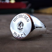 Custom engraved silver Memento Mori ring, designed as a reminder to live life fully. This elegant piece is perfect for daily wear or as a unique, thoughtful gift.