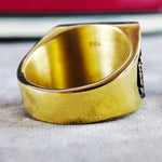 Load image into Gallery viewer, This unique square family crest ring features an enamel-filled engraving, making it a standout piece of personalized jewelry. Crafted in gold-plated silver, this signet ring blends rich tradition with modern elegance. A meaningful and sophisticated gift, ideal for birthdays, anniversaries, or special milestones. Designed for men who embrace their heritage with pride.
