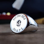 Load image into Gallery viewer, Custom engraved Memento Mori ring in gold, crafted for those who appreciate philosophical reminders. This ring makes a unique gift for deep thinkers and spiritual seekers.
