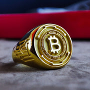 Bitcoin-themed gold ring, perfect for crypto enthusiasts. This elegant signet is ideal for those who believe in digital currencies and blockchain technology.