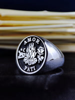 Load image into Gallery viewer, Unique Custom Gothic Skull Memento Mori Signet Ring Amor Fati Jewelry Silver Gift for Him
